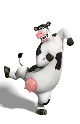 Barnyard character render of Otis, a cartoon cow with black patches dancing on one leg against white