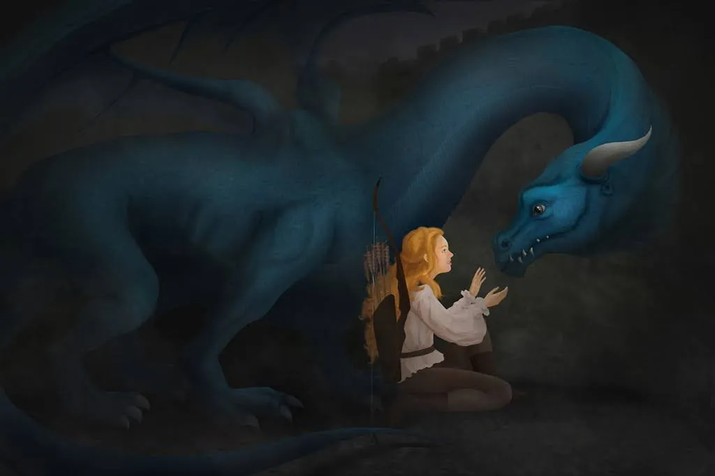 Digital painting of a young woman with an archer's bow kneeling to greet a large blue dragon in a dim stone courtyard