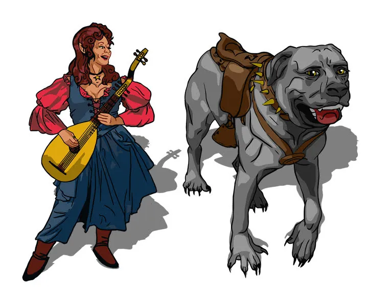 Illustration of a pointed-eared woman in a red and blue dress playing a lute beside a large grey armored hound wearing a saddle