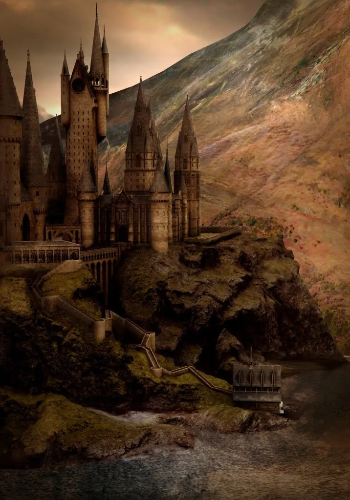Autumn matte painting of Hogwarts Castle: tall towers on a rocky hillside under an amber and grey sky