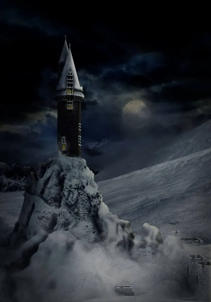 Winter matte painting for Hogwarts Castle: a lone stone tower with lit windows on a snow-covered peak under a full moon