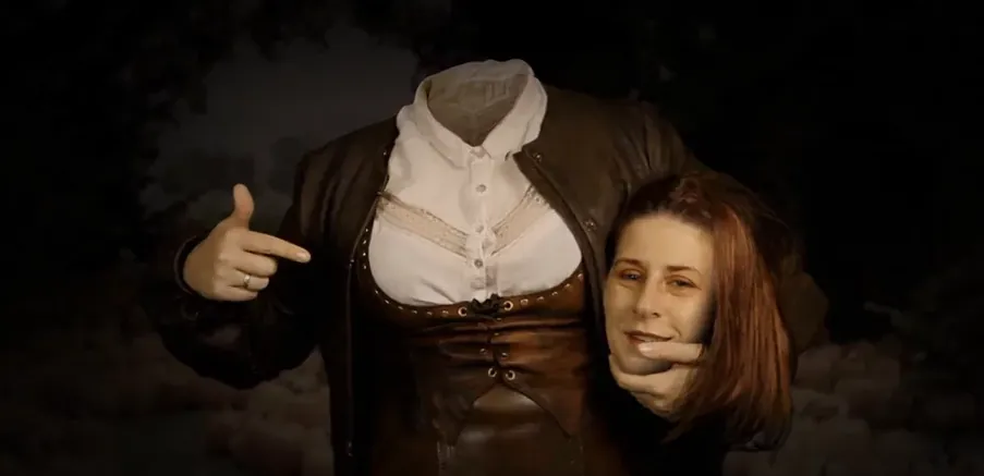 A composite image of a headless figure in a brown leather corset and jacket, holding its own head under one arm