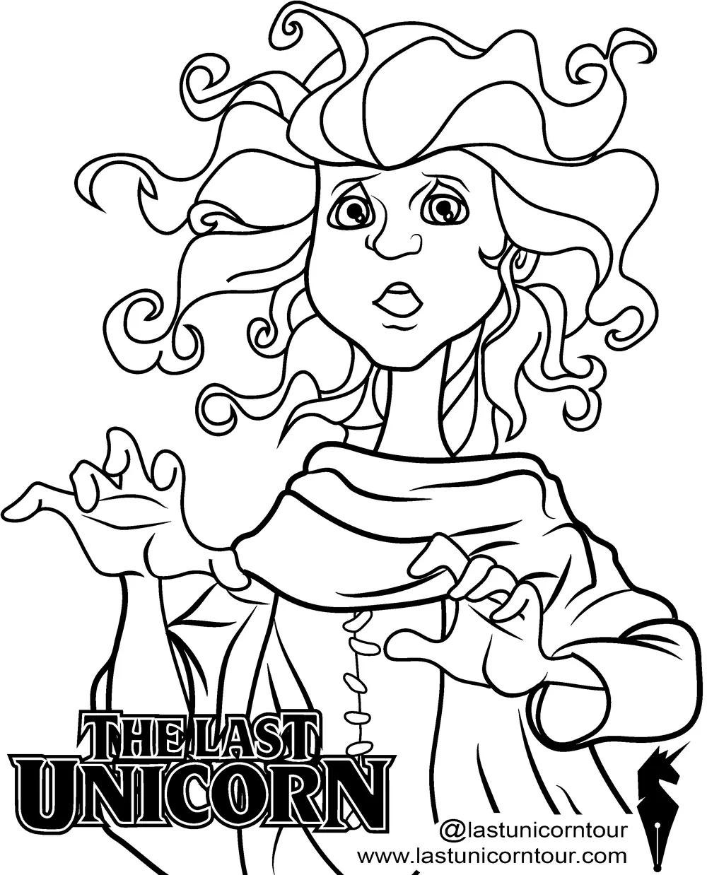 Black line art of a wide-eyed woman in a tricorn hat with wild curls and outstretched hands, with The Last Unicorn Tour title and web address