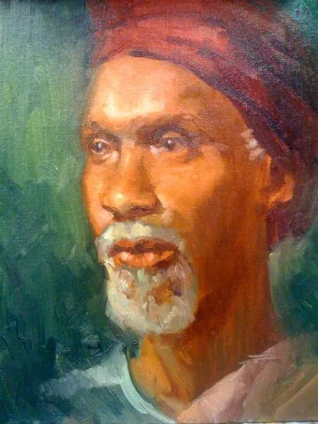 Oil portrait of a man with a white goatee in a red head wrap against green