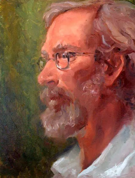 Oil portrait in profile of a bearded man with round glasses against an olive ground