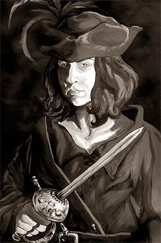 Sepia figure study of a pirate in a plumed hat holding the hilt of a rapier