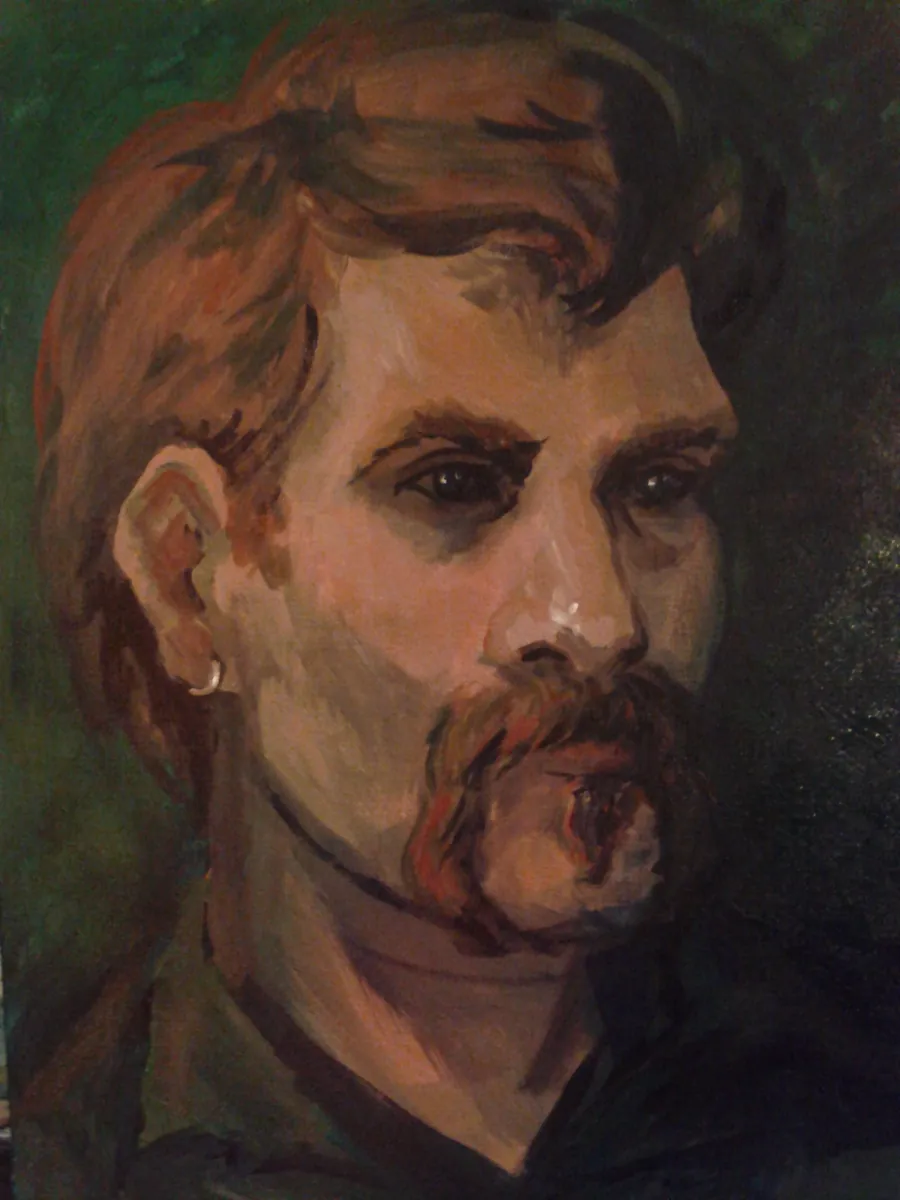 Painted portrait of a man with swept auburn hair, a mustache, and a hoop earring against a green ground