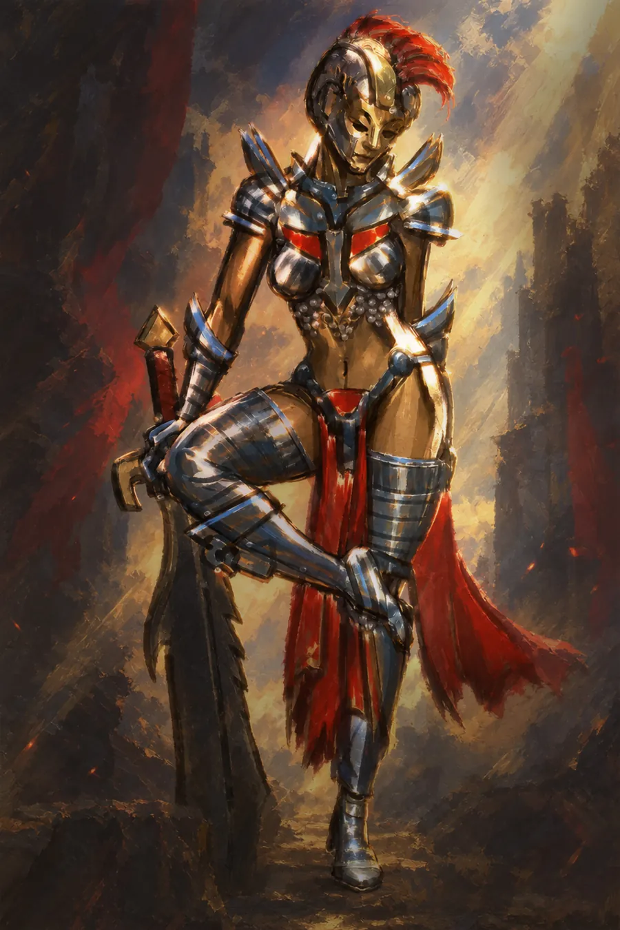 Painterly illustration of a warrior in polished plate armor with a gold face mask and red plume, one armored leg raised onto a large sword, red cloth at the hips, and shafts of golden light behind