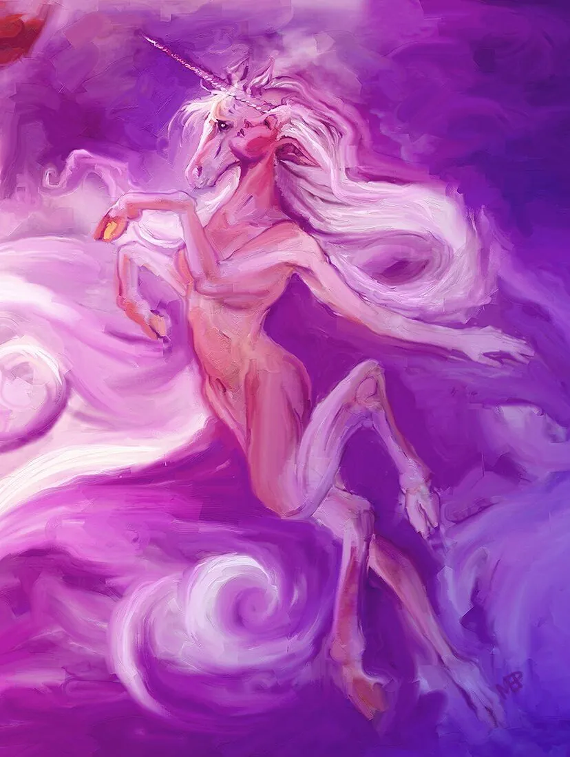 Digital painting of a pale unicorn rearing in swirling magenta and violet clouds