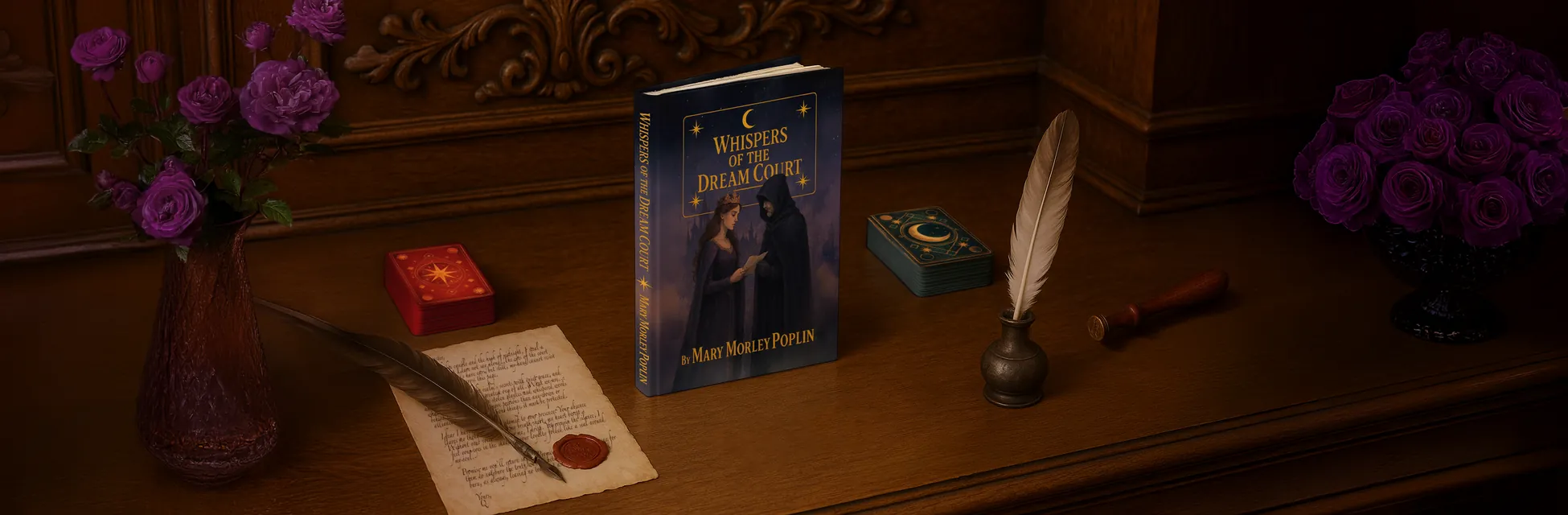 The book Whispers of the Dream Court standing on a wooden desk with two card decks, a quill, a wax-sealed letter, and purple roses
