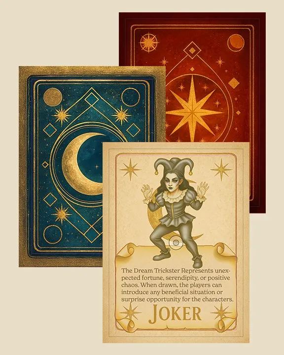 Two card backs in blue and red with gold moon and star designs, and a Joker card called the Dream Trickster